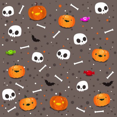 Dikişsiz desen komik kafatasları ve kabak. Cadılar Bayramınız Kutlu Olsun. Ölülerin günü. Vektör çizim.