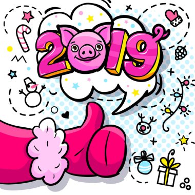 Domuz 2019 yeni yıl bir sembolüdür. Noel Baba pop sanat tarzı gibi. İşareti kırmızı mitten severim. 2019 kabarcık gülümseyen domuz iletisinde Başkanı ile. Vektör çizim.