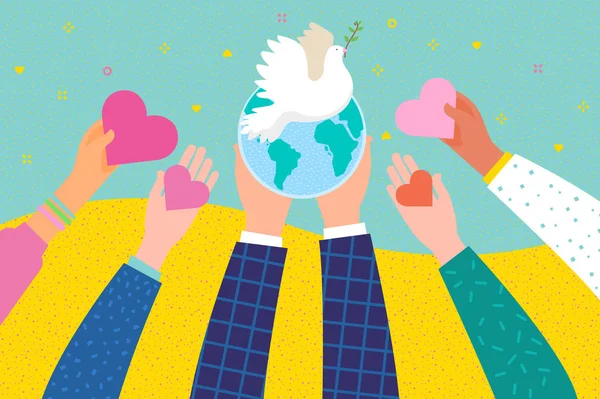 Bir Kalp Dünyanın Simgesini Holding Eller Barış Uluslararası Günü Düz — Stok Vektör
