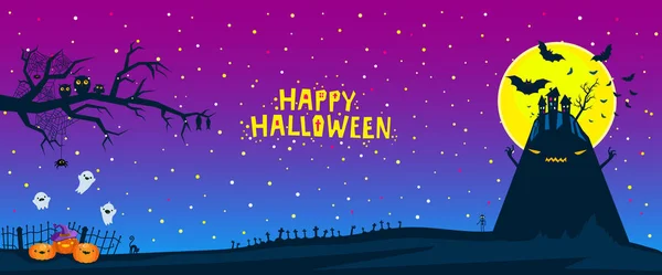 幸せなハロウィーンのイラスト 漫画幽霊 カボチャ 怖いヒル ポスター チラシ バナー またはハロウィーン パーティーの夜の背景 フラット — ストックベクタ