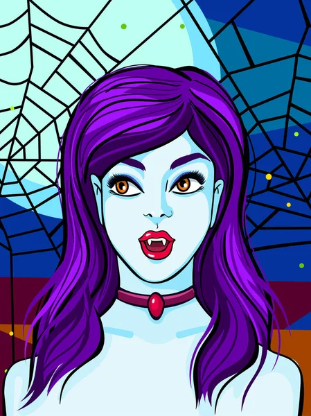 Ilustración Halloween Mujer Vampiro Con Pelo Azul Cartel Tarjeta Felicitación — Vector de stock