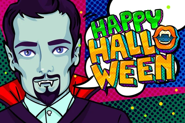 Halloween Illustration Vampyr Huggtänder Och Skägg Med Happy Halloween Meddelande — Stock vektor