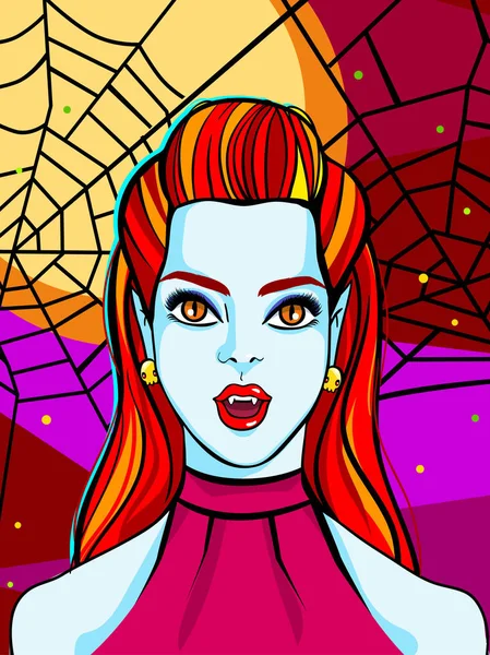 Ilustración Halloween Mujer Vampiro Con Pelo Rojo Cartel Tarjeta Felicitación — Vector de stock