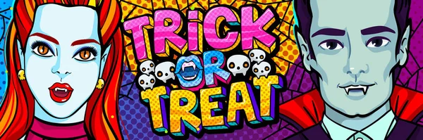 Halloween Illustration Vampire Und Trick Oder Behandlung Botschaft Pop Art — Stockvektor