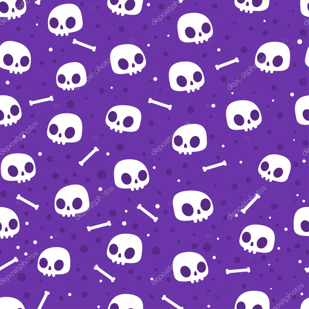 Seamless pattern of Funny skulls on purple background. Happy Halloween. Day of the Dead. Vector illustration.