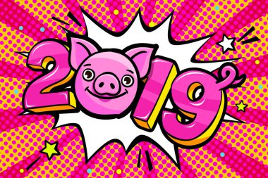 Domuz 2019 yeni yıl bir sembolüdür. 2019 pop sanat tarzı pembe arka plan üzerinde ile şirin domuz gülümseyerek. Vektör çizim.