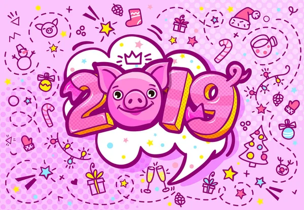 Porco Símbolo Ano Novo 2019 Sorrindo Bonito Porco Com 2019 — Vetor de Stock