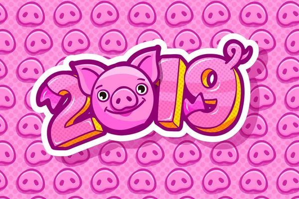 Porco Símbolo Ano Novo 2019 Sorrindo Bonito Porco Com 2019 — Vetor de Stock