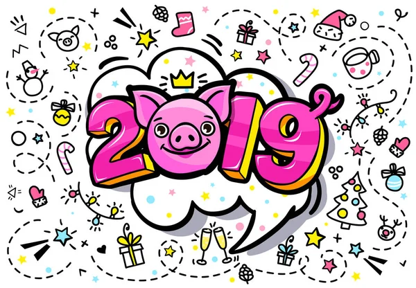 Świnia Jest Symbolem Nowego Roku 2019 Uśmiechający Się Ładny Świnia — Wektor stockowy
