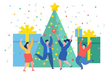 Funny mini business people dancing near the Christmas tree. New Year business concept. Flat design, vector illustration. clipart