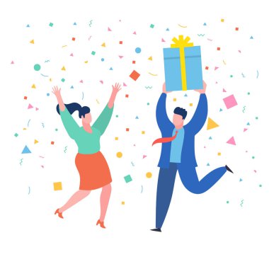 Komik mini işadamı ile kadın için bir hediye. Yeni yıl iş kavramı. Düz tasarım, vektör çizim.