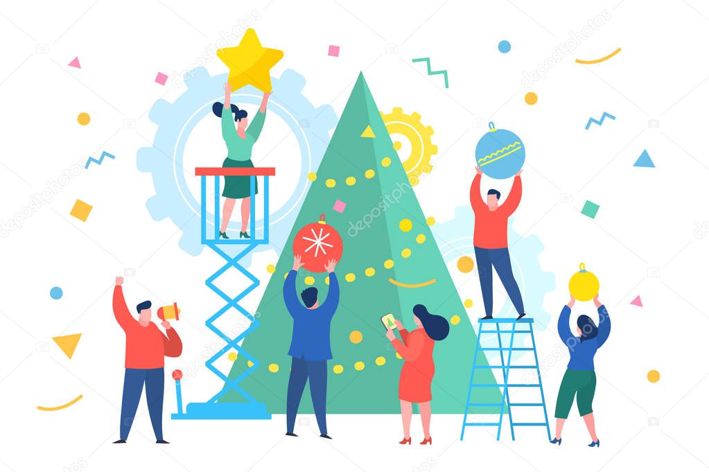 Funny mini business people people decorate the Christmas tree. New Year business concept. Flat design, vector illustration.