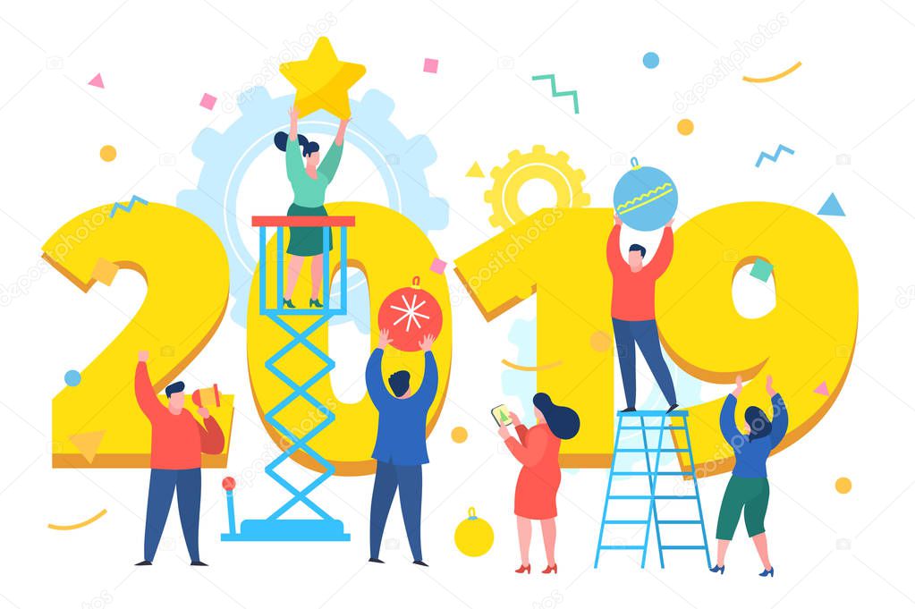 New Year business concept. Business people building a numbers 2019. Preparing to meet the new year . Office Team are preparing to meet the new year. Flat design, vector illustration.