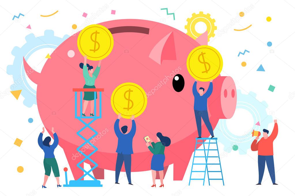 Concept of saving money. Mini business people bring money in a giant piggy bank. Flat design, vector illustration.