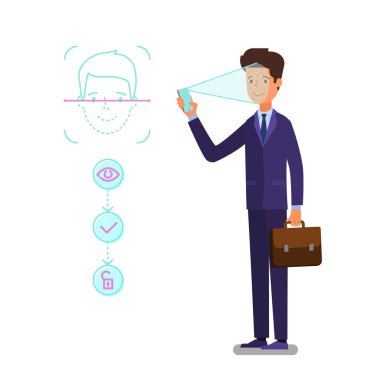 Yüz tanımlama kavramı. Çizgi film iş adamı smartphone aygıt yolu ile yüz tanıma teknoloji erişim almak için elinde tutar. Düz tasarım, vektör çizim.