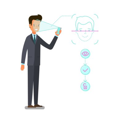 Yüz tanımlama kavramı. Çizgi film iş adamı smartphone aygıt yolu ile yüz tanıma teknoloji erişim almak için elinde tutar. Düz tasarım, vektör çizim.