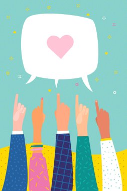 İnsan elinin işaret konuşma balonu kalp ile. Birkaç el işaret parmağı. Düz tasarım, iş vektör çizim.