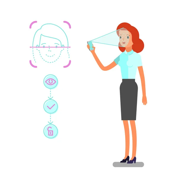 人脸识别的概念 卡通女商人手里拿着智能手机 通过面部识别技术进入设备 平面设计 向量例证 — 图库矢量图片