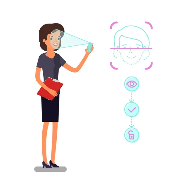 顔の識別の概念 漫画ビジネスの女性は 顔認識技術によるデバイスへのアクセスを取得するための彼の手でスマート フォンを保持します フラット デザイン ベクトル イラスト — ストックベクタ