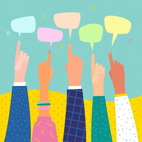 İnsan elinin işaret konuşma balonu üzerinde. Birkaç el işaret parmağı. Düz tasarım, iş vektör çizim.