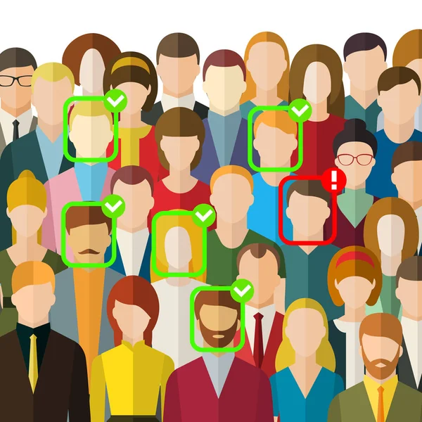 顔の識別の概念 マークの顔を持つ人々 の群衆 群衆の中に顔認識システム検証容疑者 フラット デザイン ベクトル イラスト — ストックベクタ