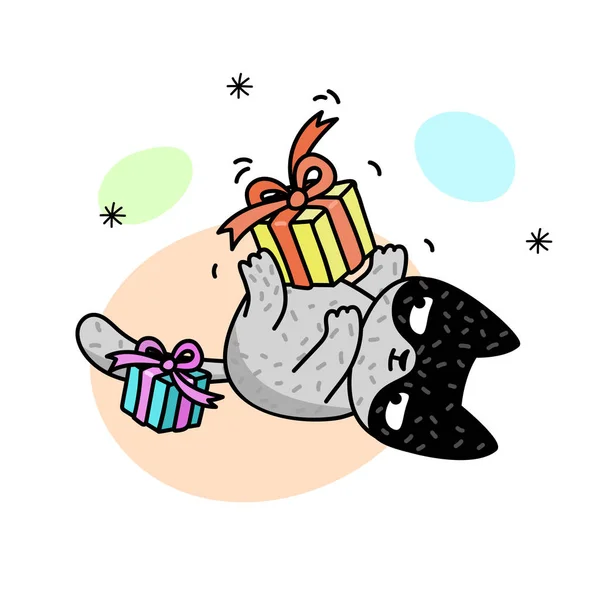 ギフト ボックスで猫 Plaing と冬のイラスト かわいい子猫 ベクトル イラストのポストカード ポスター プリントの服やアクセサリー 新年とクリスマス — ストックベクタ
