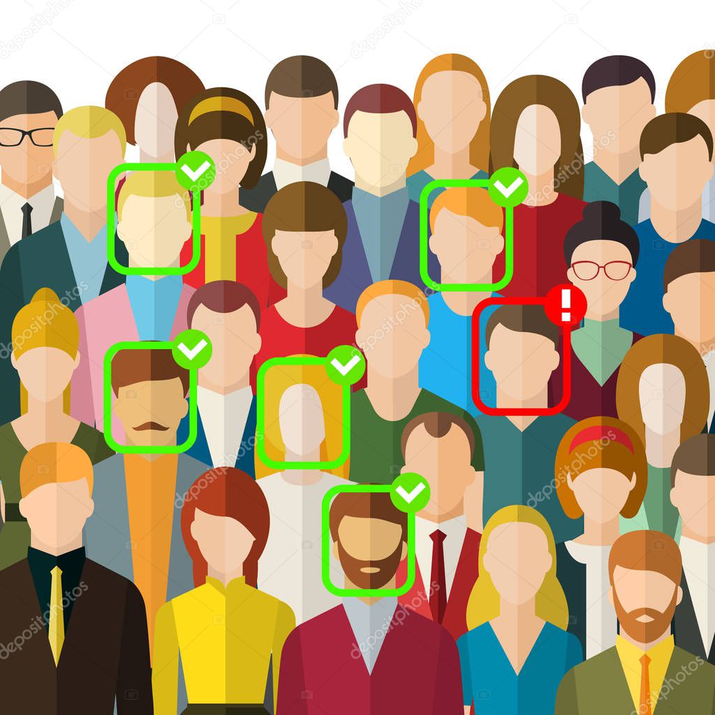 Concept of face identification. A crowd of people with ID marks on face. Face recognition system verifying suspect in the crowd. Flat design, vector illustration.