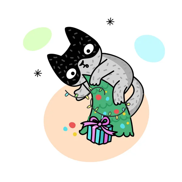 Ilustração Inverno Com Gato Árvore Natal Gatinho Giro Ilustração Vetorial — Vetor de Stock