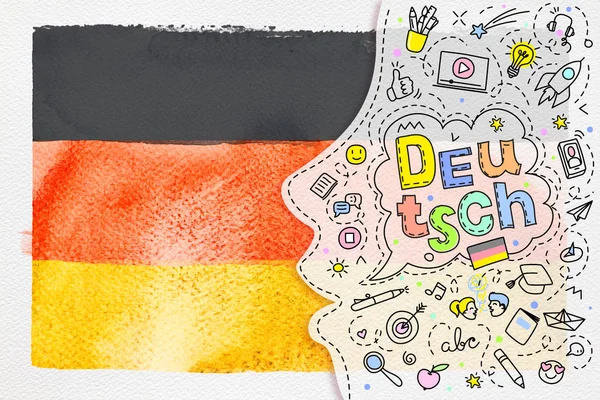 Concepto Viajar Estudiar Alemán Acuarela Deutsch Bandera Cara Con Iconos —  Fotos de Stock