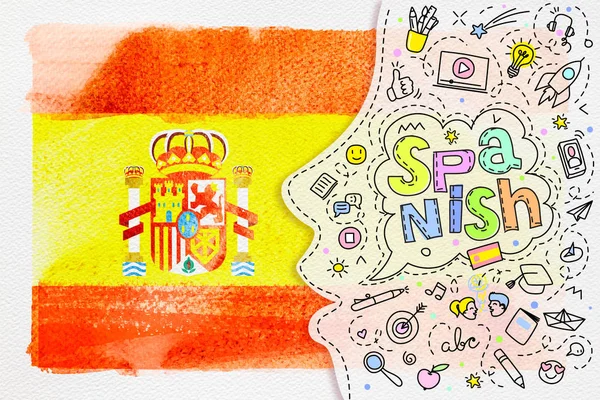 Concept of traveling or studying Spanish. Watercolor Spanish flag and face with line art icons.