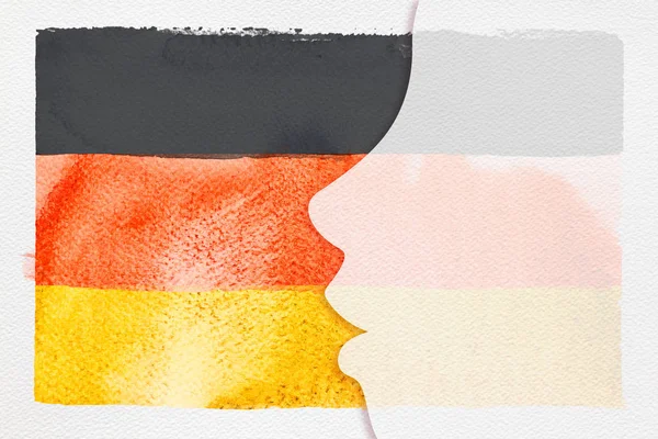 Concepto Viajar Estudiar Alemán Acuarela Deutsch Bandera Cara Sobre Fondo — Foto de Stock