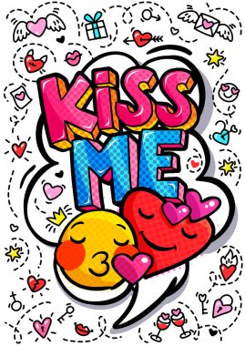 Word kabarcık pop sanat çizgi roman tarzı elle çizilmiş yürekleri öp beni.