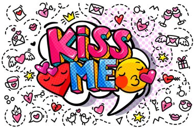 Word kabarcık pop sanat çizgi roman tarzı elle çizilmiş yürekleri öp beni.