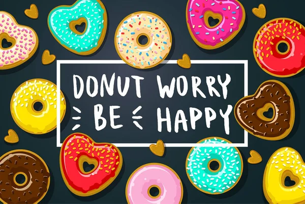 Donuts Com Donut Preocupação Ser Feliz Nota Fundo Azul Escuro —  Vetores de Stock