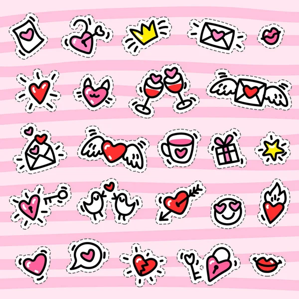 Liebe Vektor Hintergrund Mit Handgezeichneten Herzen Symbole Auf Rosa Gestreiften — Stockvektor
