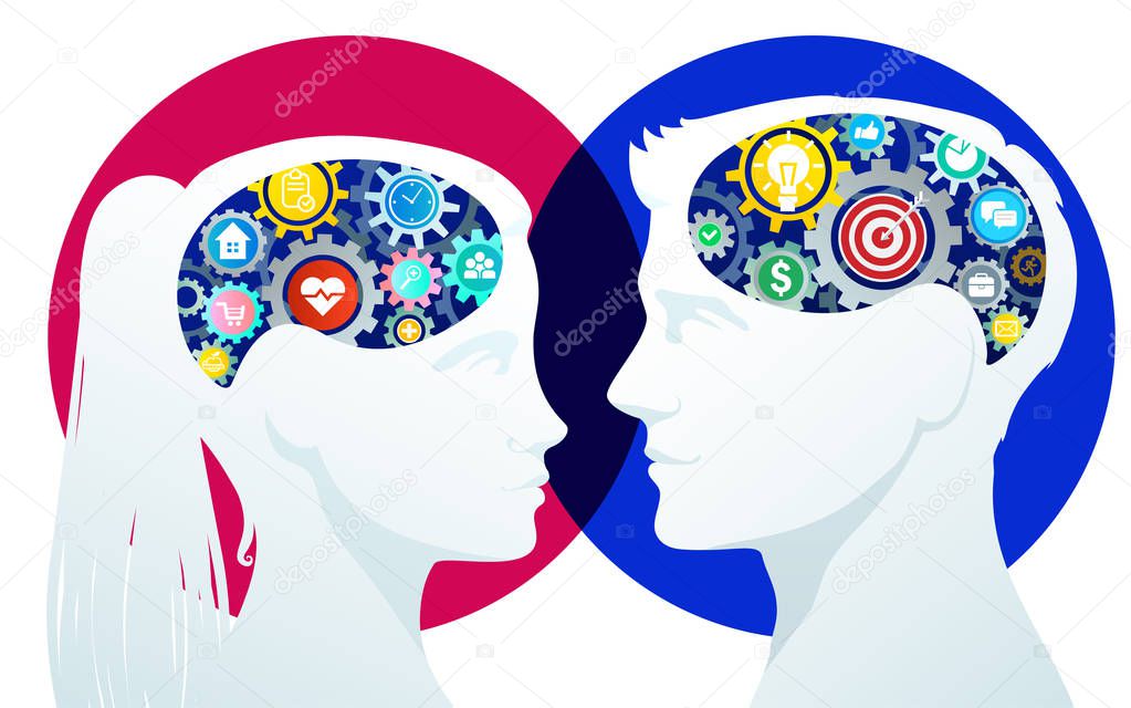 Conceptual idea of Male and female silhouettes with gears on white background.