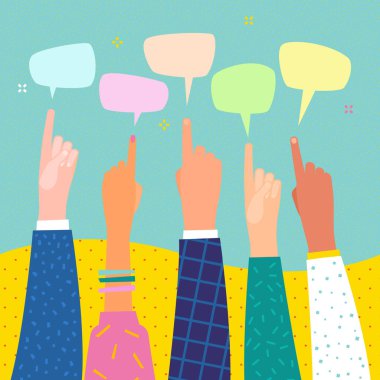 insan elleri konuşma balonu üzerinde parmak noktası. İşaret parmağı olan eller.