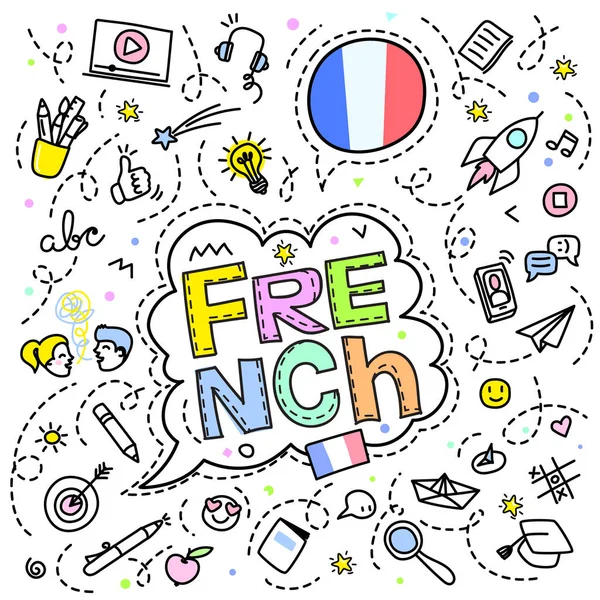 Concept van reizen. Franse vlag met lijn kunst iconen. — Stockvector