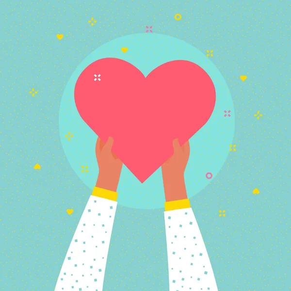 Välgörenhets koncept. Händerna håller stort hjärta symbol. — Stock vektor