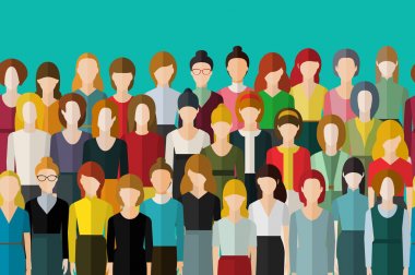 Büyük grup kadın dikişsiz desen sadece kadınlar. Mutlu genç ve tanınmaz kadınlardan oluşan bir kalabalık. Uluslararası kadınlar günü. Düz tasarım, vektör illüstrasyon.
