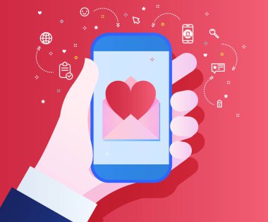 Sevgi mesajı konsepti ni gönderiyorum. Kırmızı arka planda kalbi olan el tutan telefon. Düz tasarım, vektör illüstrasyon.