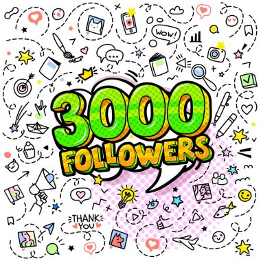 Elle çizilmiş simgeleri ile pop art tarzı yeşil renkli illüstrasyon üç bin takipçileri. Takip kavramı. 3k. Vektör çizimi