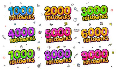 Takipçi kavramı. Takipçileri renk numaraları ile ayarlayın. 1000, 2000, 3000, 4000, 5000 6000 7000 8000 9000 illüstrasyon pop sanat tarzında elle çizilmiş simgeler ile