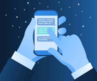 Mesajlaşma ve sohbet kavramı, çevrimiçi iletişim. Ekranda sohbet veya messenger uygulaması ile akıllı telefon tutan eller. Düz tarzda vektör çizimi.