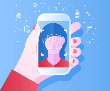 Mavi arka planda Face Id kavramı. Kadın yüz tanıma işlemi ile elinde telefon tutuyor. Vektör çizimi.