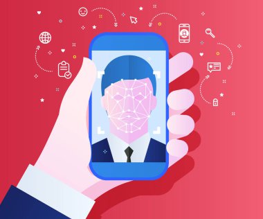 Kırmızı arka planda Face Id kavramı. Adam yüz tanıma işlemi ile elinde telefon tutuyor. Vektör çizimi.