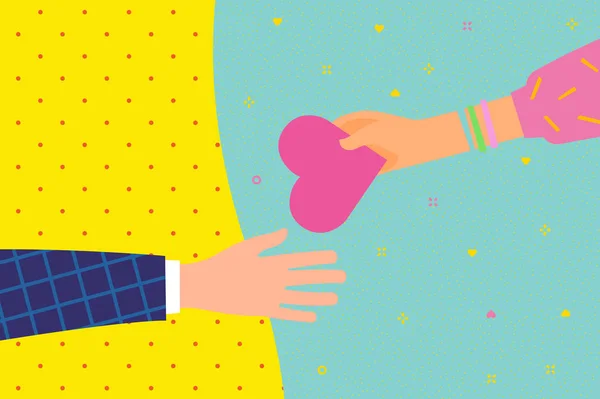 慈善と寄付の概念 人にあなたの愛を与え 分かち合う 女性の手は もう一方の手に心の象徴を与えます フラットデザイン ベクトルイラスト — ストックベクタ