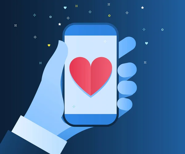 Skicka Kärleksbudskap Koncept Hand Hålla Telefonen Med Hjärta Blå Bakgrund — Stock vektor