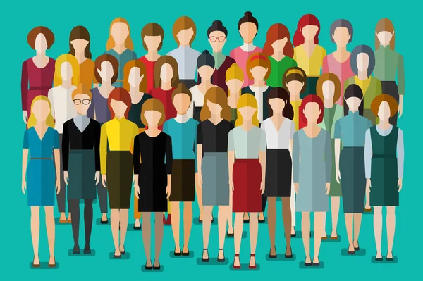 商业女性团体 一群快乐的年轻漂亮无法辨认的女人 国际妇女节 平面设计 矢量插图 — 图库矢量图片