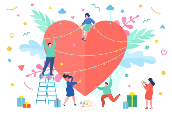 Koncept Lásky Malí Lidé Červeným Srdcem Šťastné Valentýnské Dny — Stockový vektor